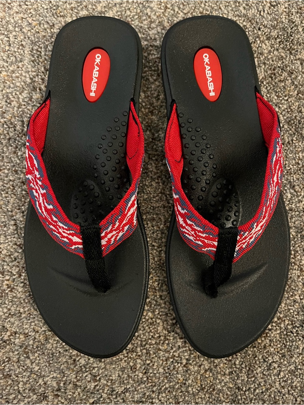 Okabashi Red and Black Patterned Strap Flip Flops